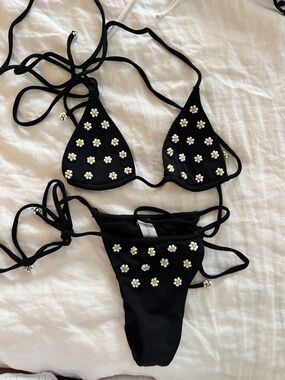 Andi Bagus Beaded Black Daisy Embellished String Bikini